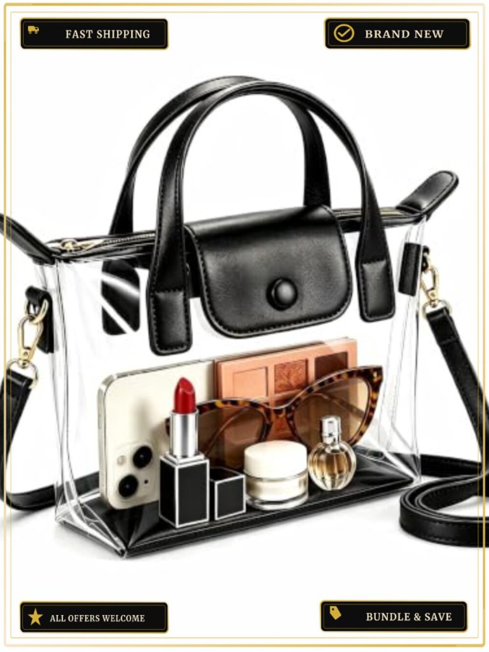 Clear Stadium Approved Crossbody Purse with Double Handles and Sturdy Bottom